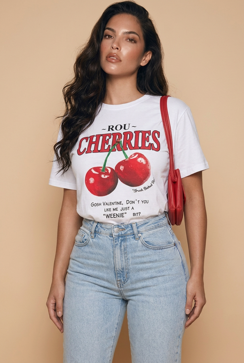 Camiseta Cherries Rou Social Club Cerezas Rojo Blanca Mujer - Manga Corta Tela Fría