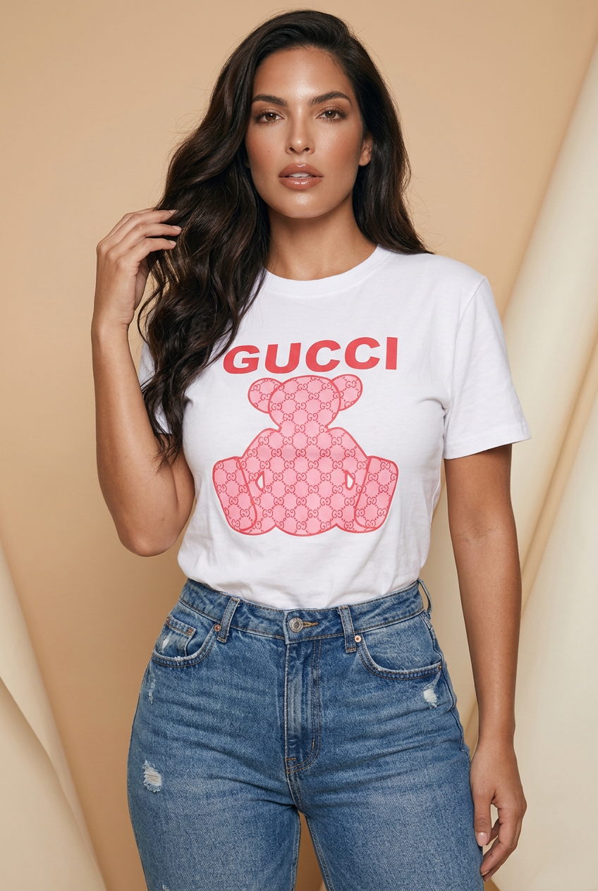 Camiseta Gucci Teddy Bear Monograma Rosa Blanca Mujer - Manga Corta Tela Fría