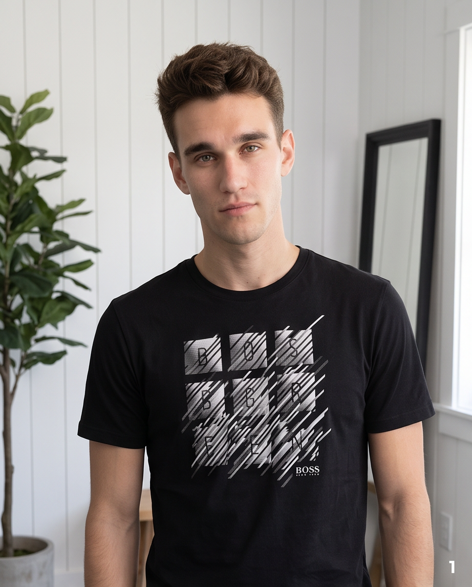Camiseta Hugo Boss Grafico Trazos Diagonales Negra Hombre - Manga Corta Algodón