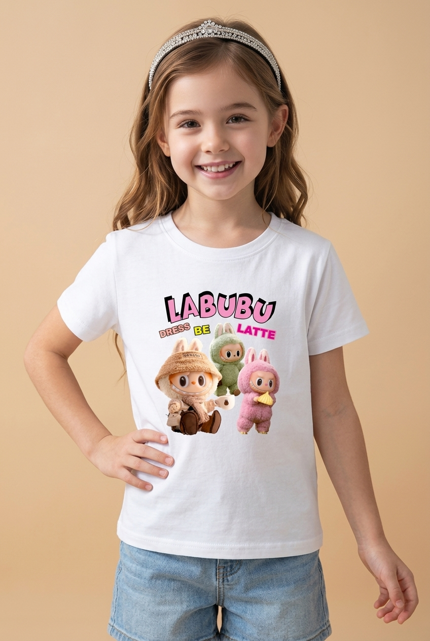 Camiseta Labubu Dress Be Latte Trio Blanca Niña - Manga Corta Algodón Infantil