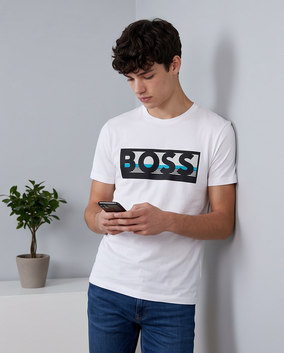 Camiseta Hugo Boss Logo Recuadro Turquesa Blanca Hombre - Manga Corta Algodón