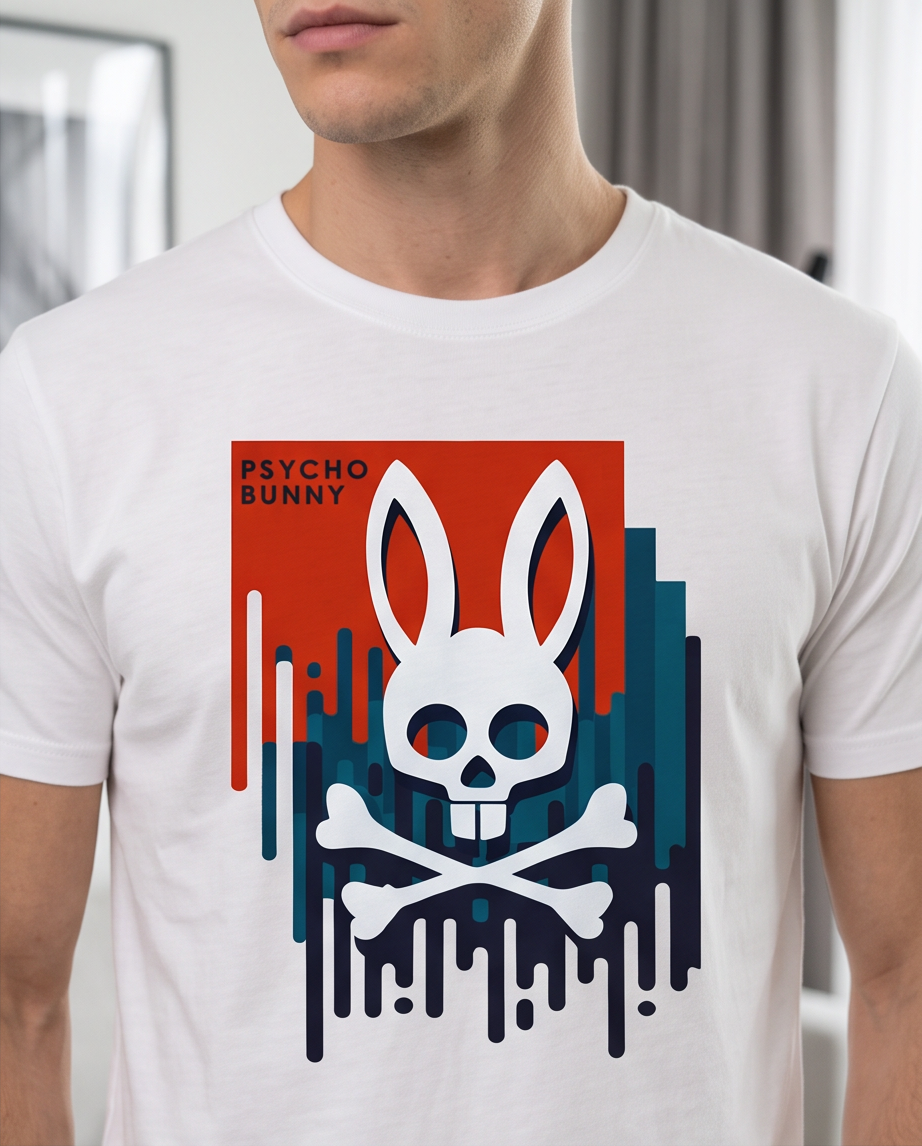 Camiseta Psycho Bunny Logo Drip Graffiti Blanca Hombre - Manga Corta Algodón