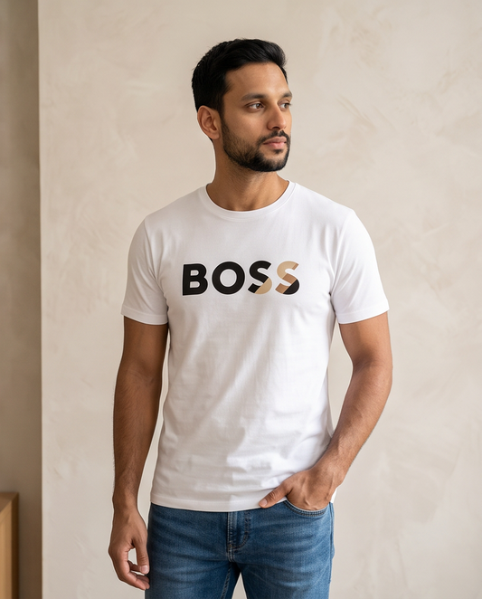 Camiseta Hugo Boss Logo Detalle Dorado Blanca Hombre - Manga Corta Algodón