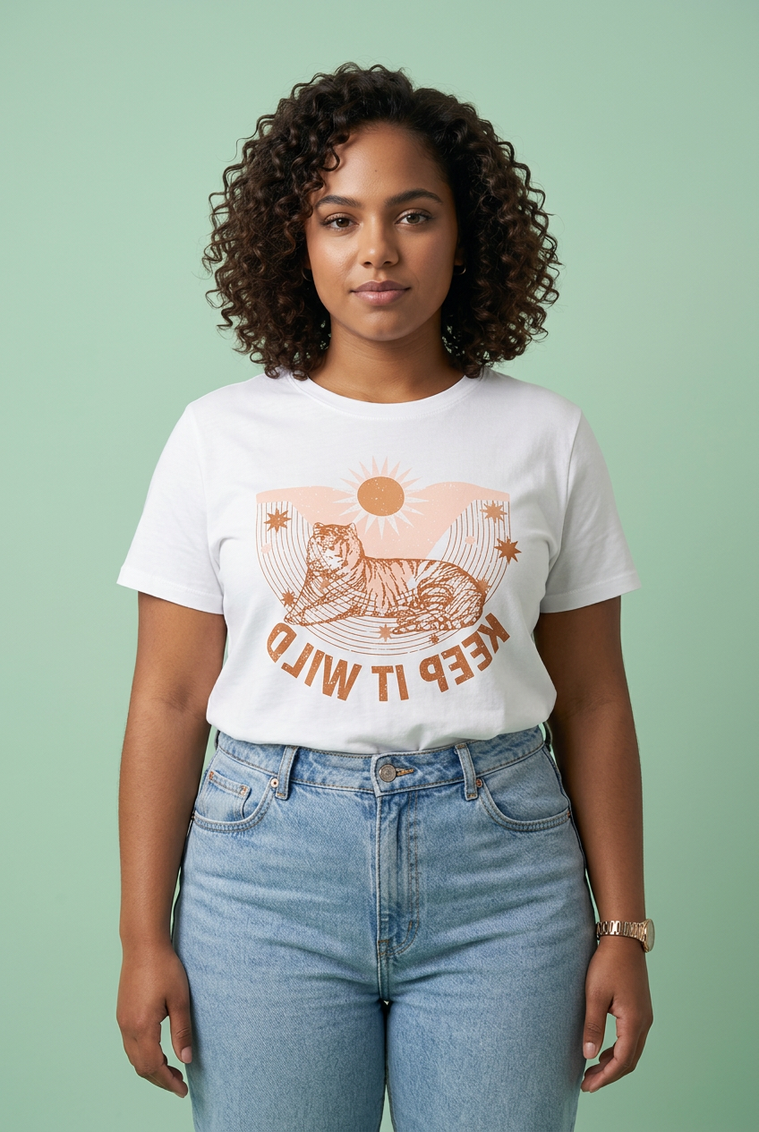 Camiseta Keep It Wild Tigre Celestial Terracota Blanca Mujer - Manga Corta Tela Fría