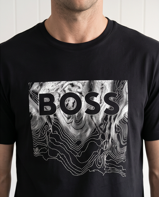 Camiseta Hugo Boss Logo Grafico Abstracto Negra Hombre - Manga Corta Algodón
