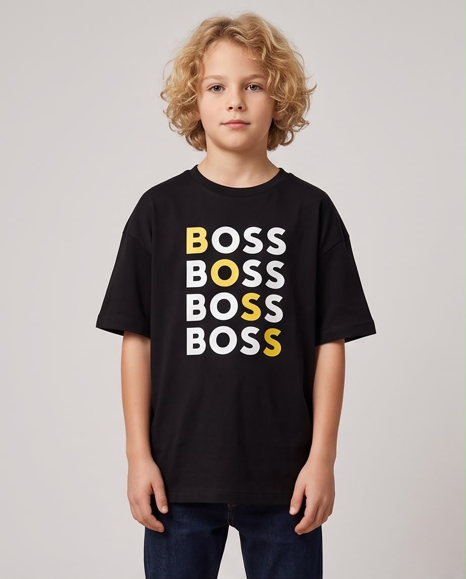 Camiseta Hugo Boss Logo Cuadruple Amarillo Blanco Negra Niño - Niños Oversize