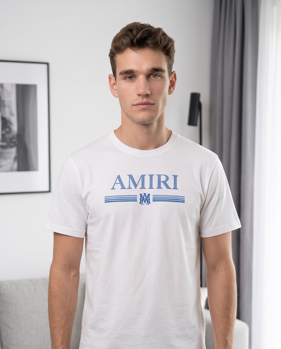 Camiseta Amiri Logo Bar Azul Blanca Hombre - Manga Corta Algodón