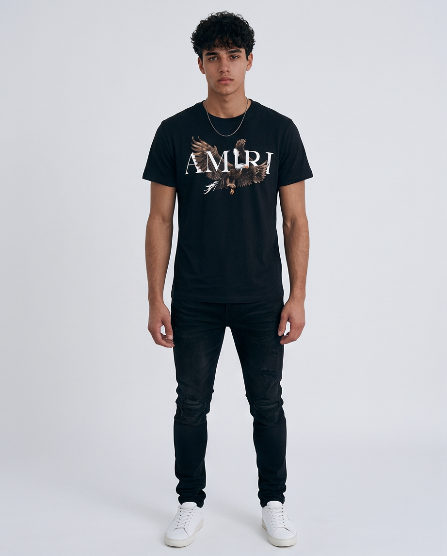 Camiseta Amiri Logo Aguila Realista Negra Hombre - Manga Corta Algodón