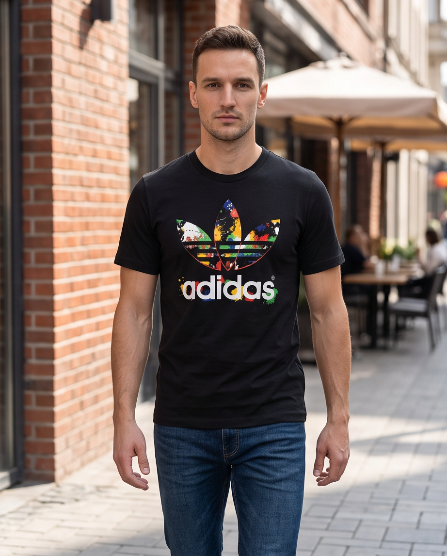 Camiseta Adidas Trebol Splash Multicolor Negra Hombre - Manga Corta Algodón