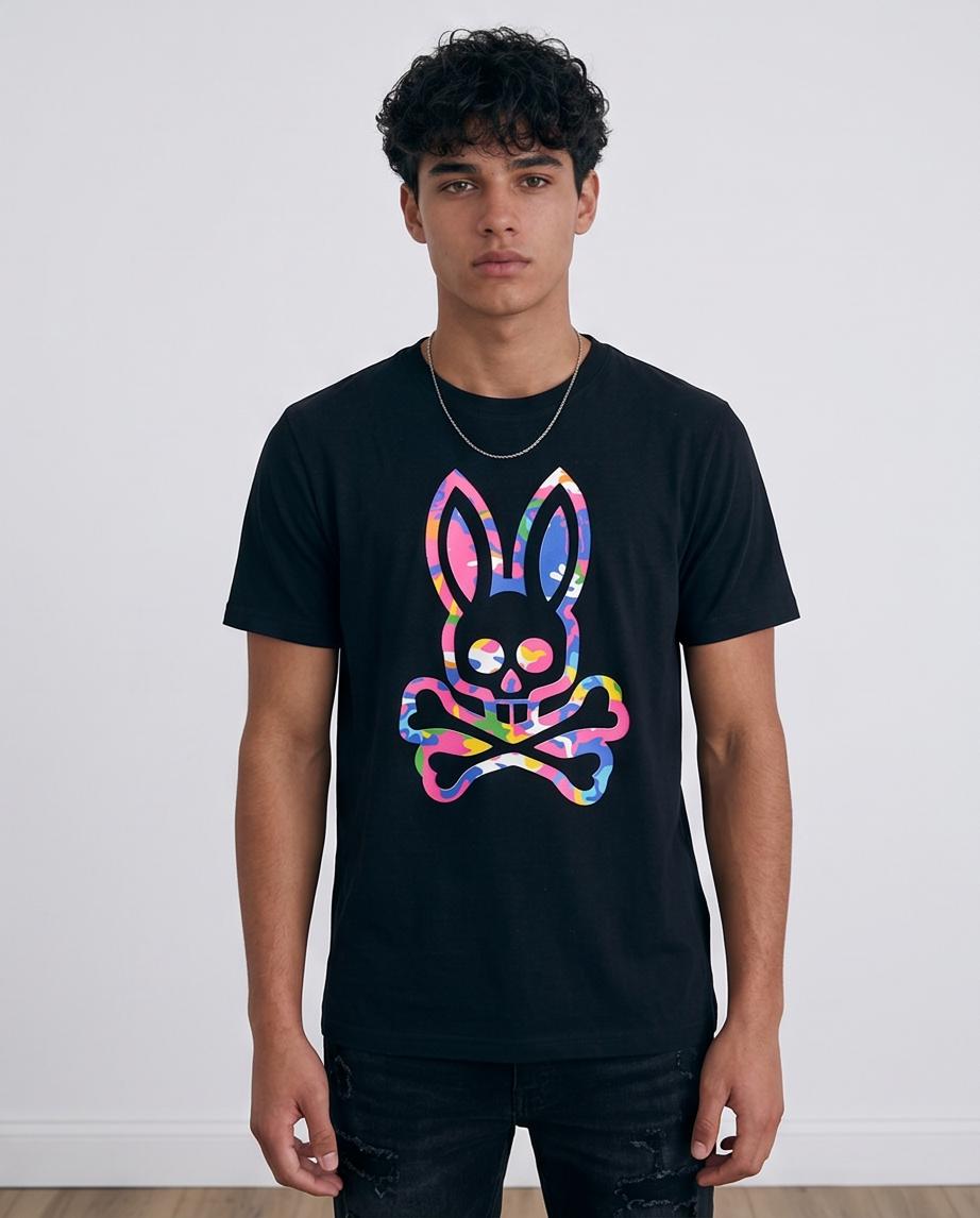 Camiseta Psycho Bunny Camo Bunny Multicolor Negra - Detalle gráfico