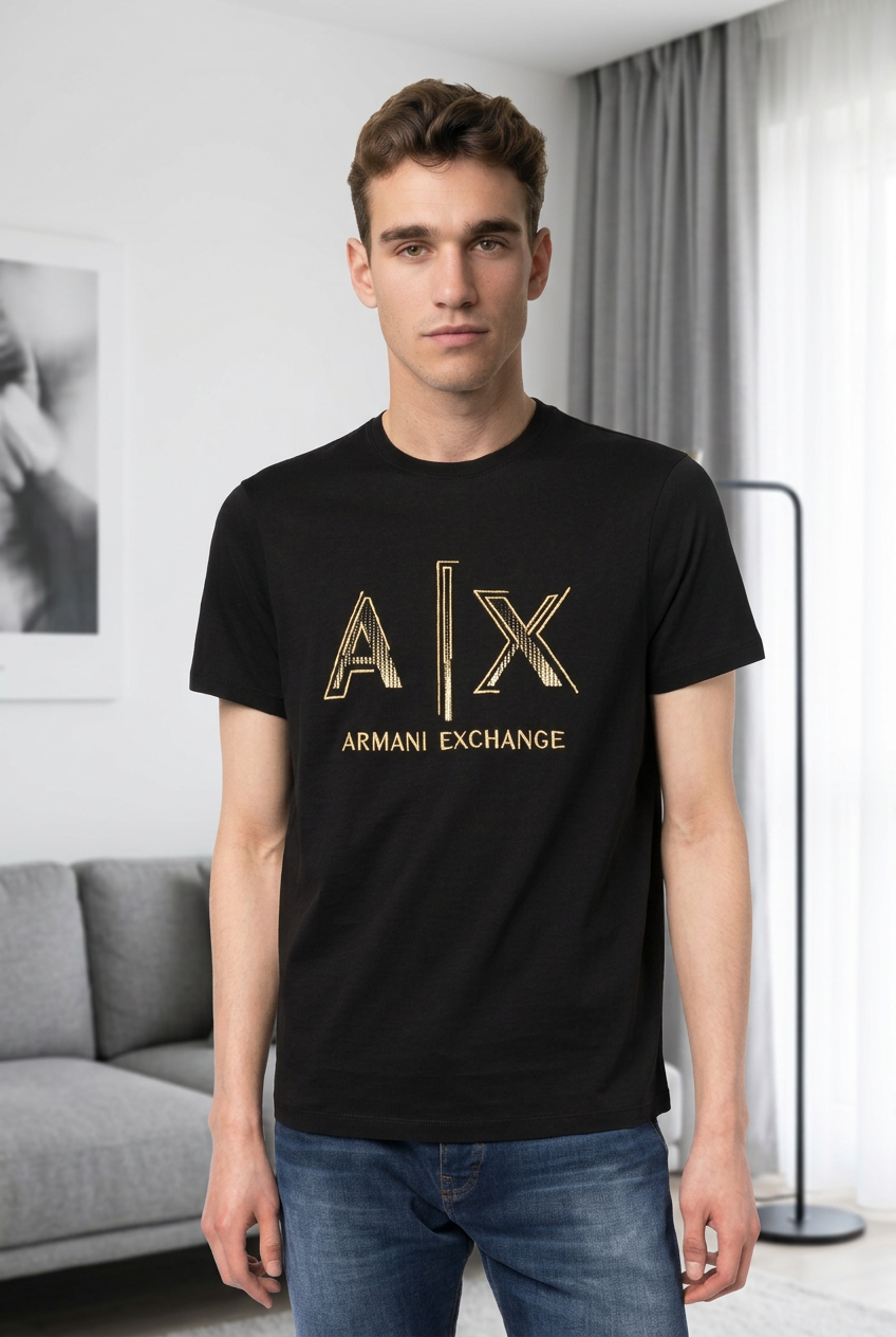 Camiseta Armani Exchange Logo AX Dorado Negra Hombre - Manga Corta Algodón
