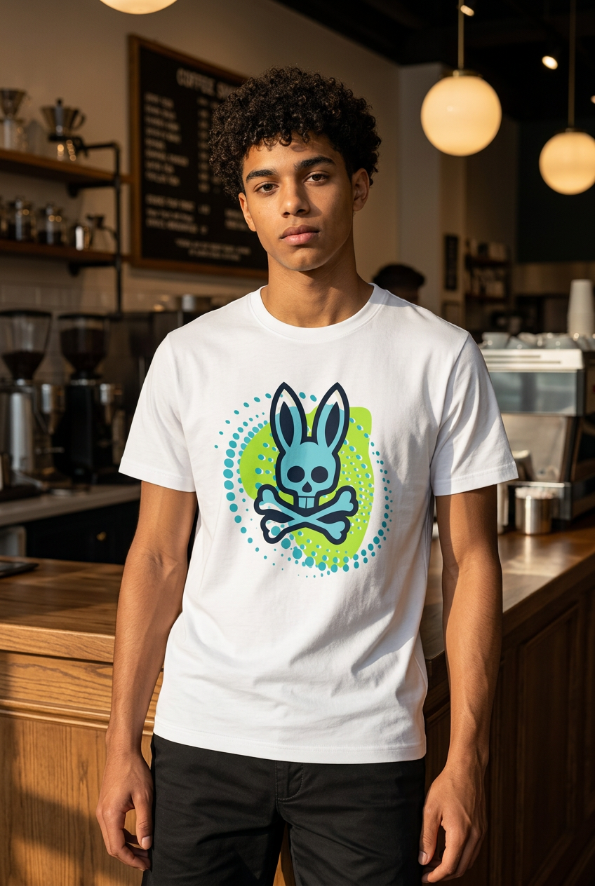 Camiseta Psycho Bunny Logo Turquesa Halftone Blanca Hombre - Manga Corta Algodón