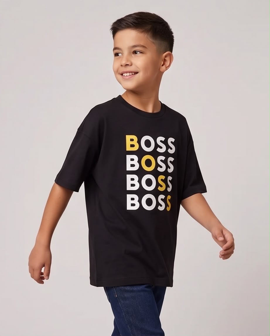 Camiseta Hugo Boss Logo Cuadruple Amarillo Blanco Negra Niño - Niños Oversize
