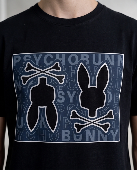 Camiseta Psycho Bunny Double Skull Panel Azul Marino Negro Hombre - Manga Corta