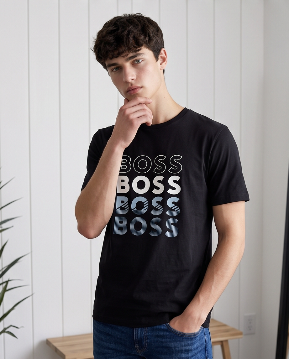 Camiseta Hugo Boss Logo Repetido Degradado Negra Hombre - Manga Corta Algodón