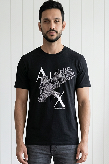 Camiseta Armani Exchange Logo AX Aguila Lineal Negra Hombre - Manga Corta Algodón