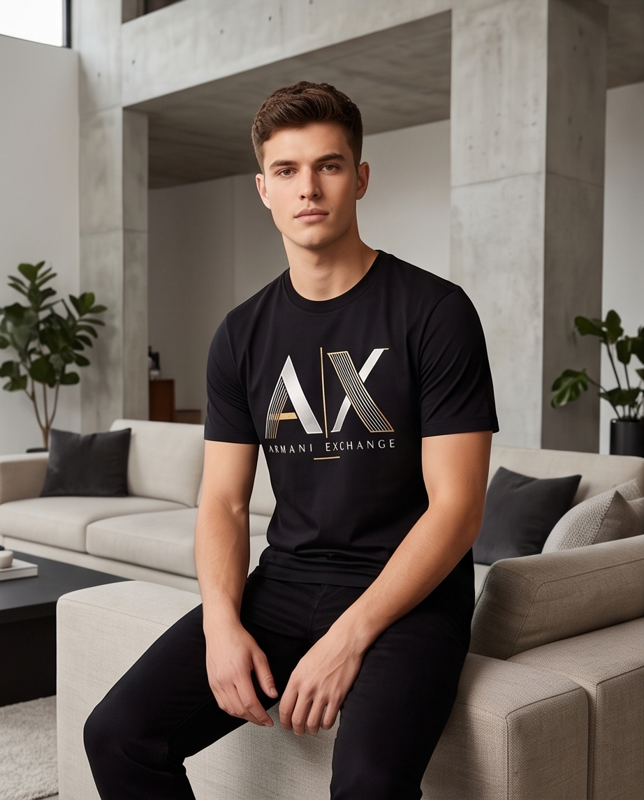 Camiseta Hombre Armani Exchange A|X Líneas Negra Regular Fit