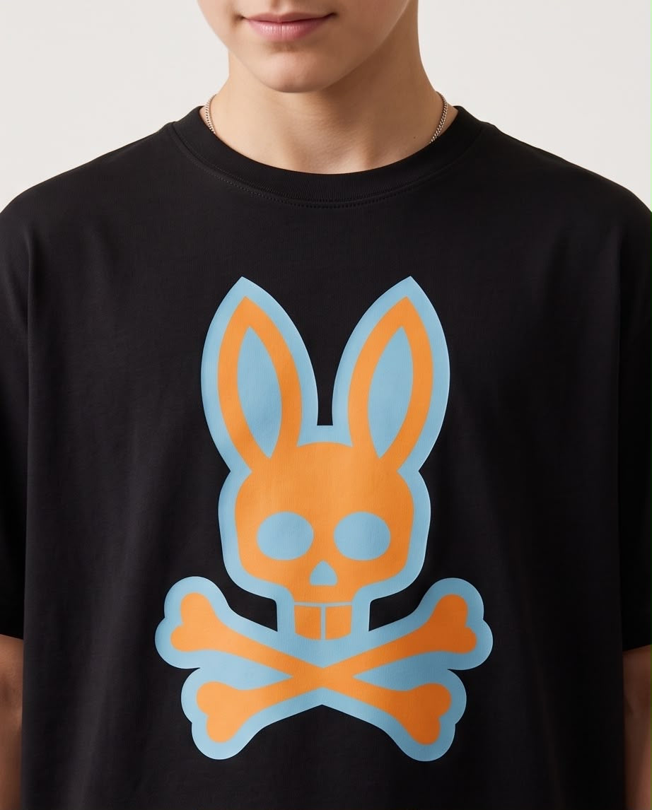 Camiseta Psycho Bunny Logo Naranja Azul Cielo Negra - Niños Oversize
