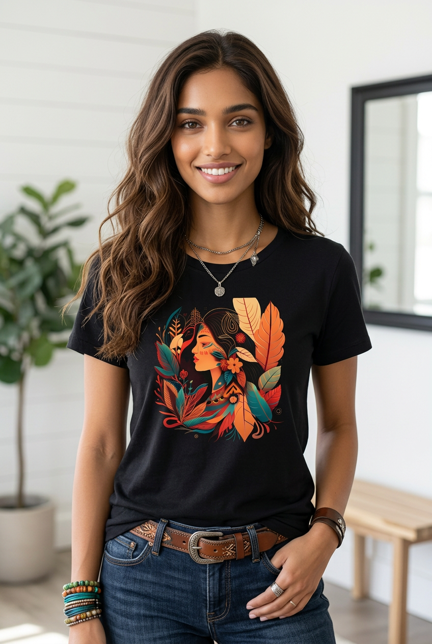 Camiseta Maya Mujer Naturaleza Hojas Terracota Negra Mujer - Manga Corta Tela Fría