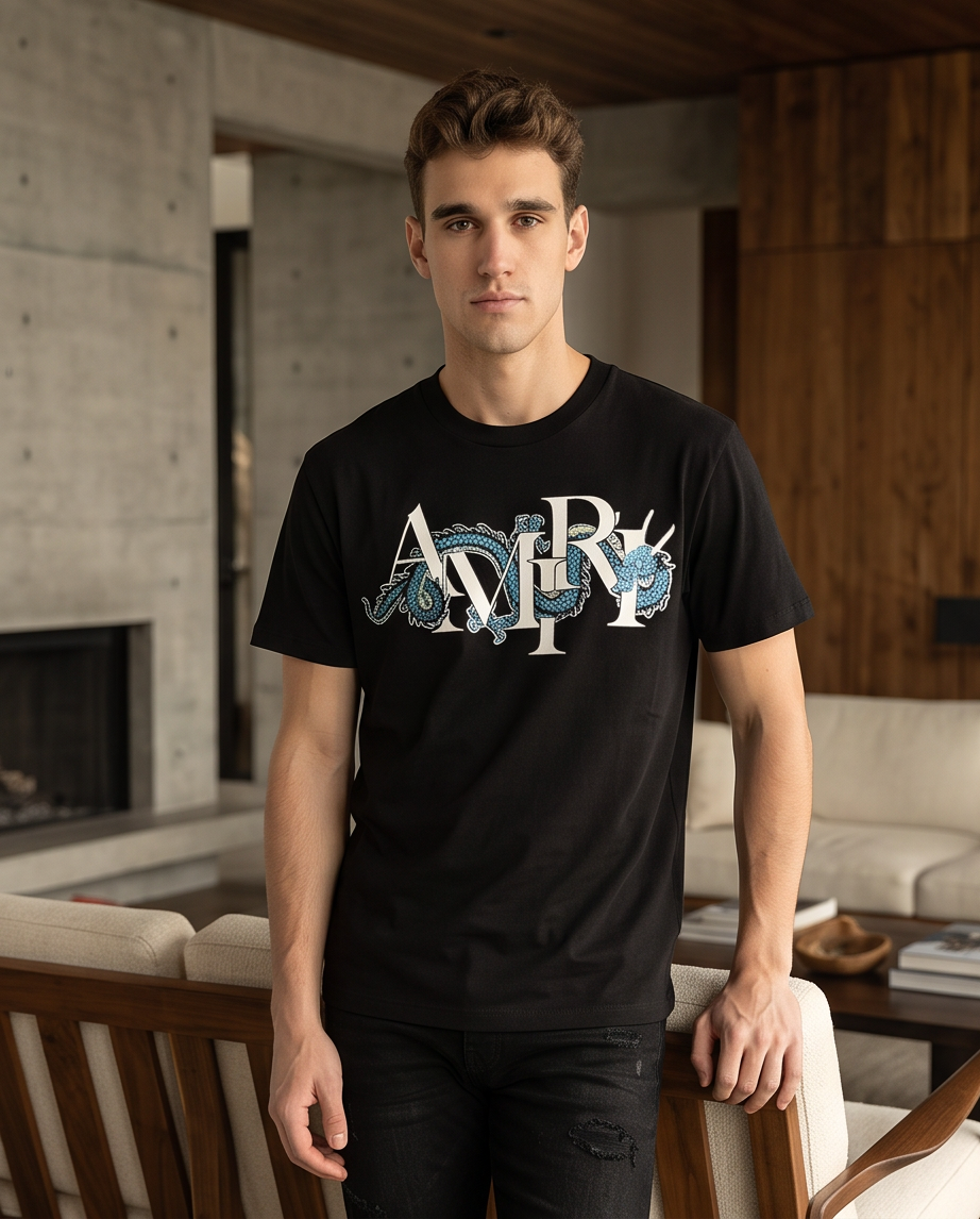 Camiseta Amiri Logo Dragon Azul Negra Hombre - Manga Corta Algodón
