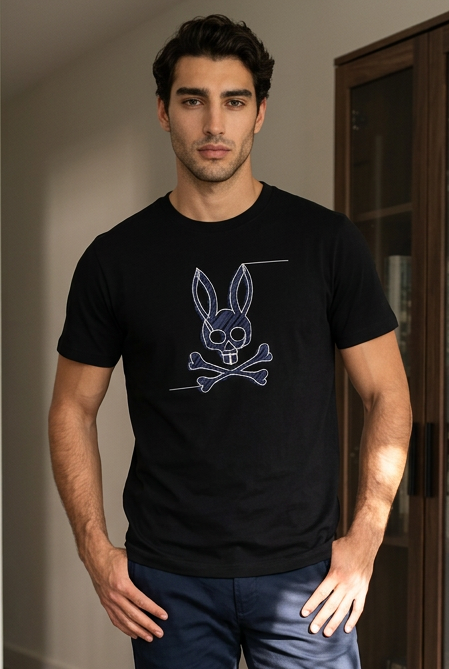 Camiseta Psycho Bunny Logo Line Art Azul Negra Hombre - Manga Corta Algodón