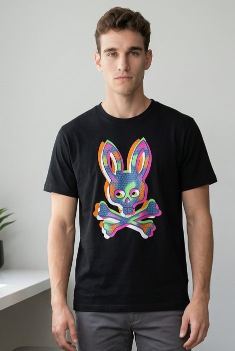 Camiseta Psycho Bunny Logo 3D Multicolor Negra Hombre - Manga Corta Algodón