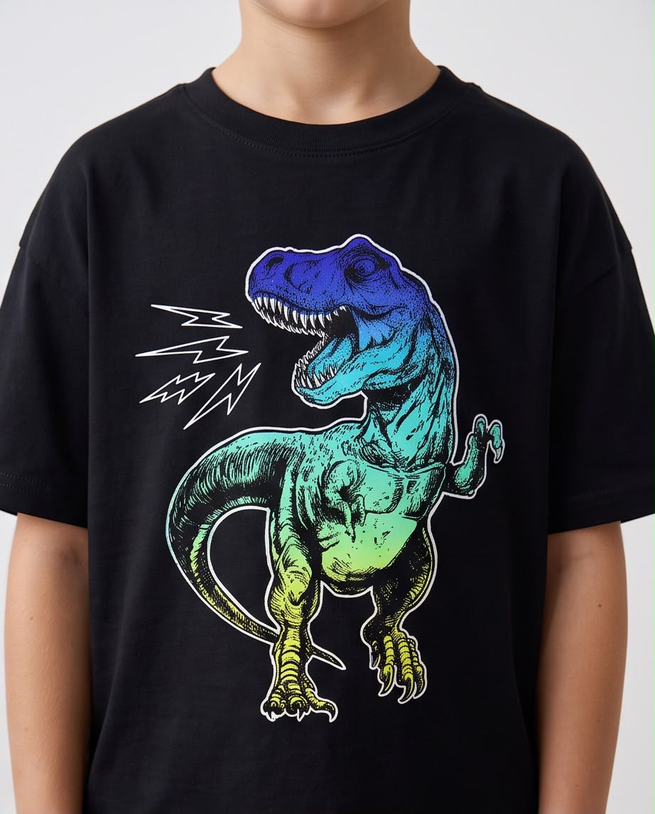Camiseta Dinosaurio T-Rex Degradado Neon Negra Niño - Niños Oversize