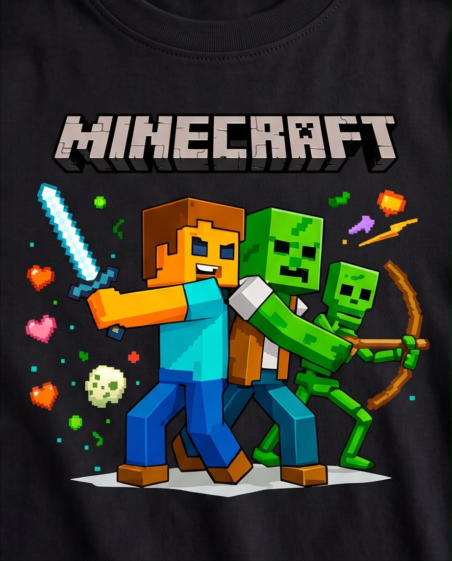 Camiseta Minecraft Batalla Steve Zombie Negra Niño - Niños Oversize