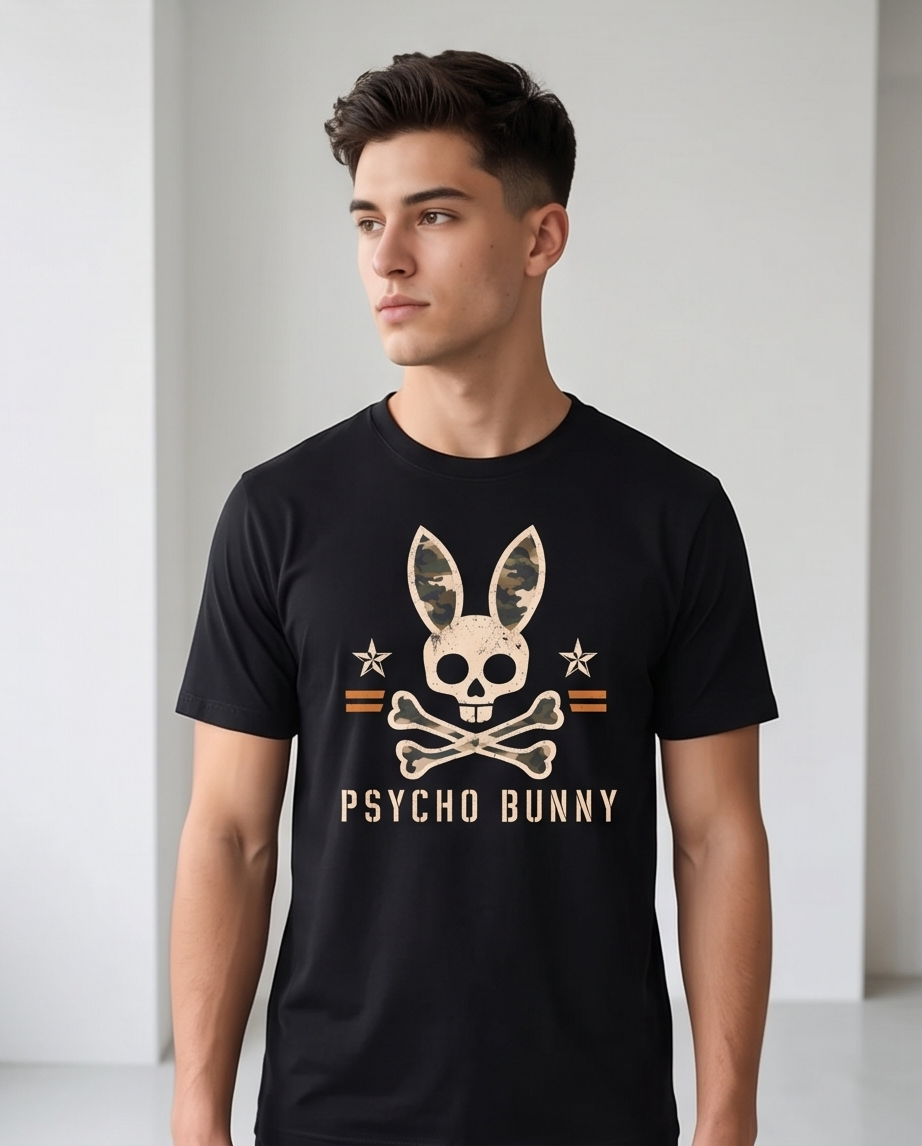 Camiseta Hombre Psycho Bunny Estrellas Camufladas Negra Regular Fit