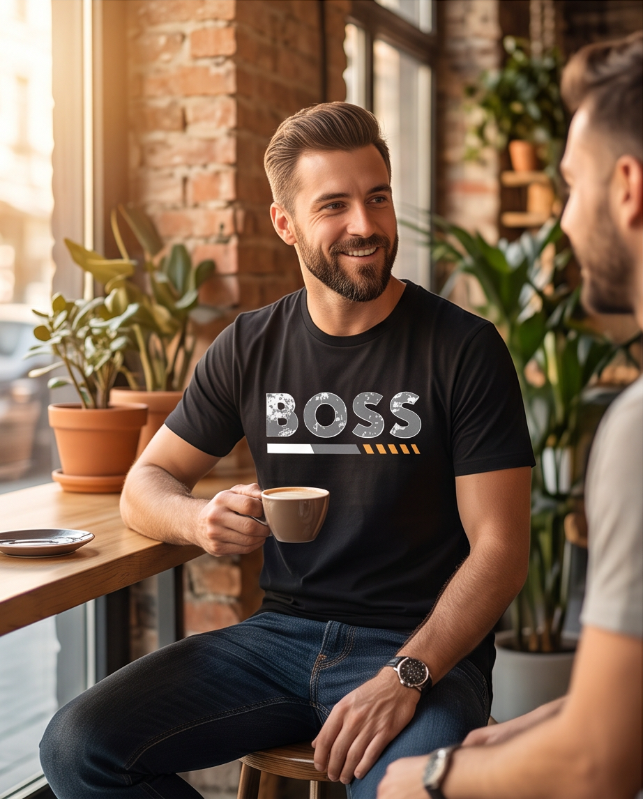 Camiseta Hugo Boss Logo Texturado Detalle Naranja Negra Hombre - Manga Corta Algodón