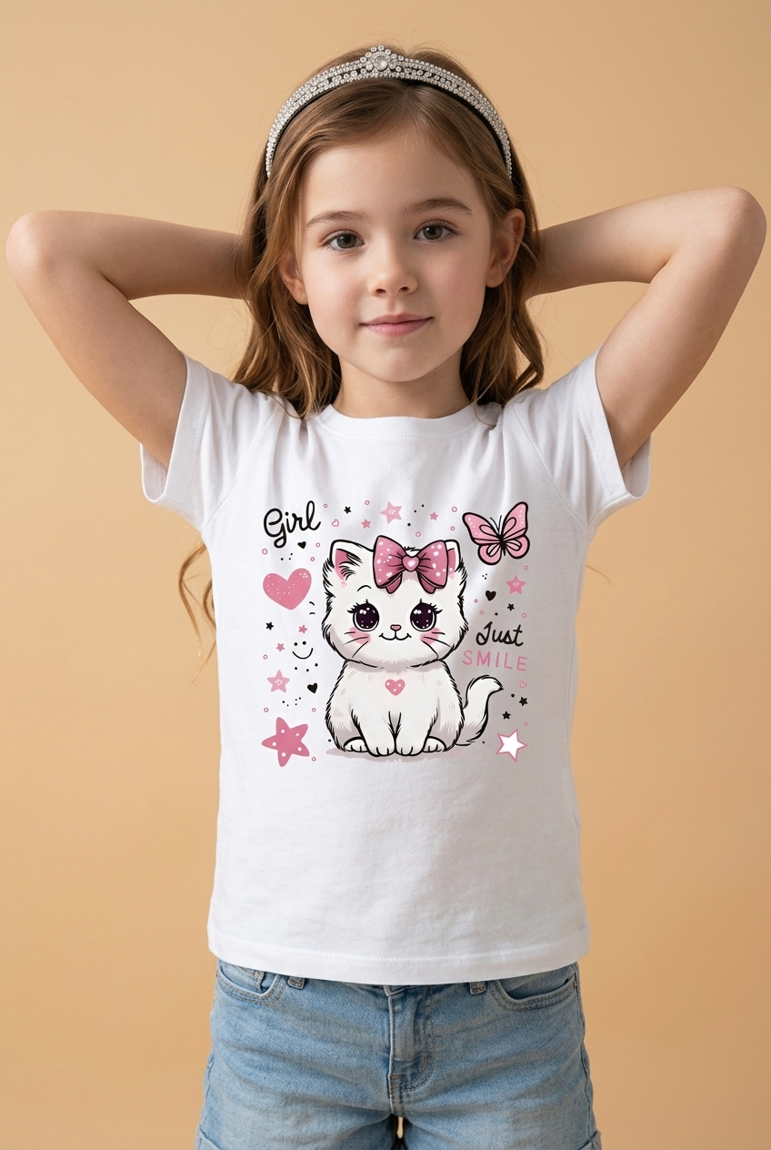 Camiseta Girl Just Smile Gatita Lazón Rosa Blanca Niña - Manga Corta Algodón Infantil