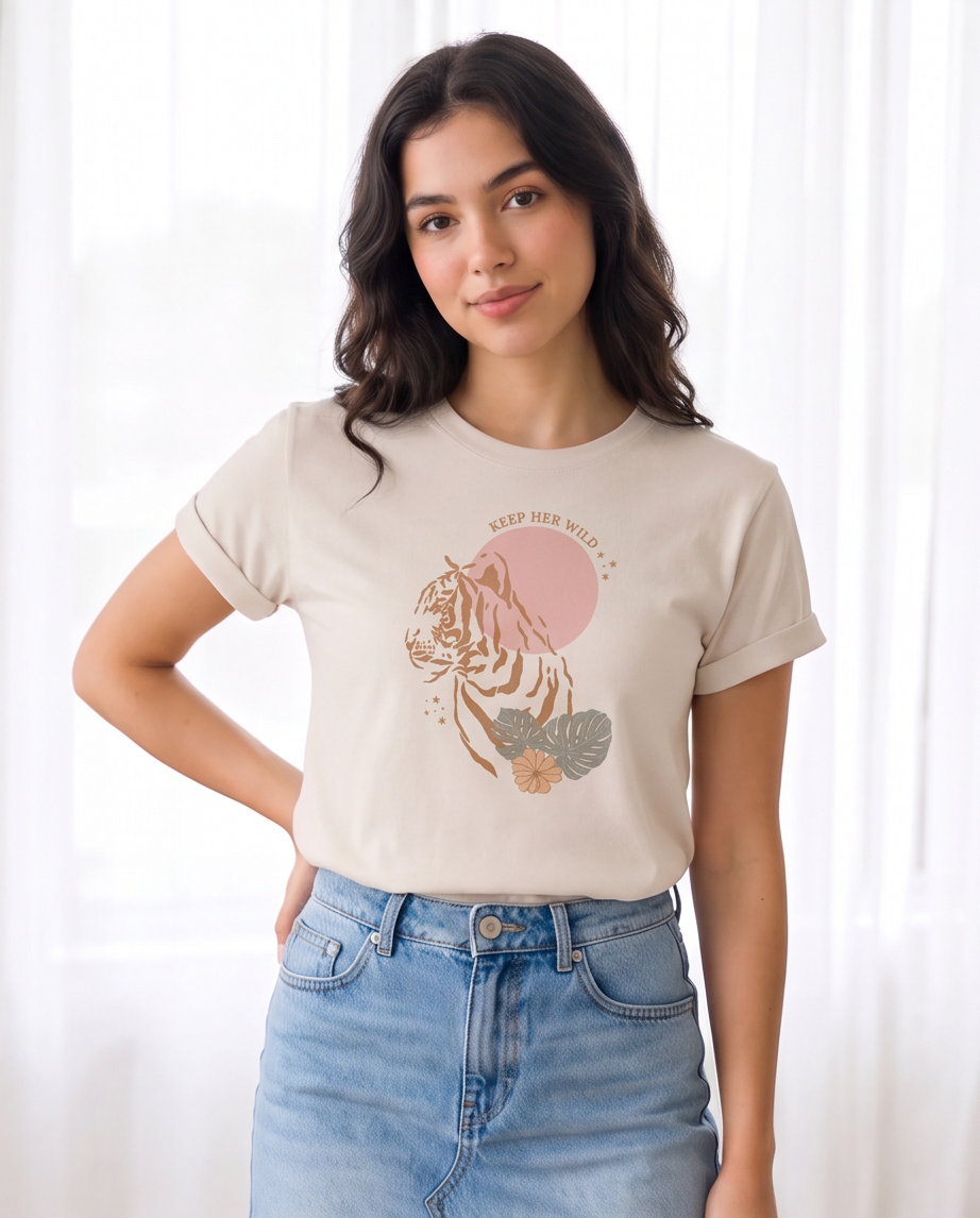 Camiseta mujer vainilla Keep Her Wild tigre luna rosa