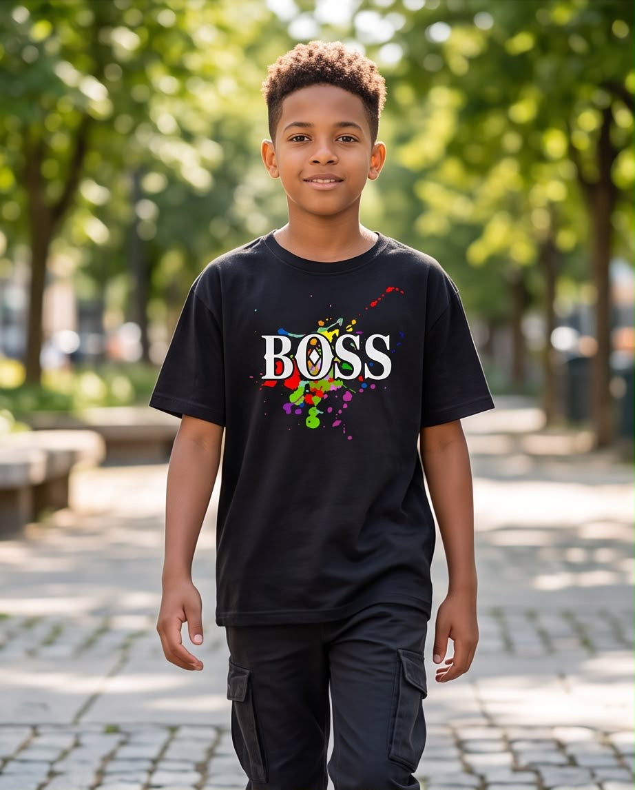 Camiseta Hugo Boss Logo Splash Multicolor Negra Niño - Niños Oversize