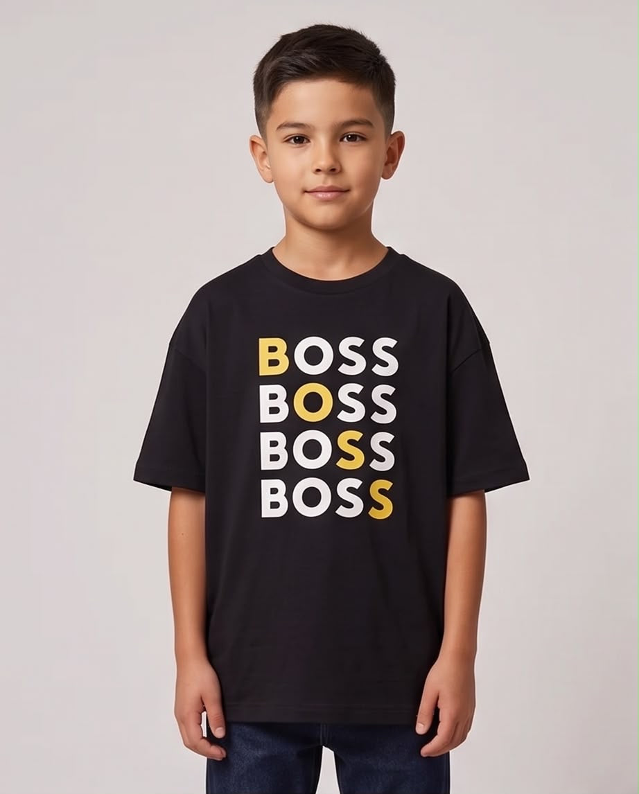 Camiseta Hugo Boss Logo Cuadruple Amarillo Blanco Negra Niño - Niños Oversize