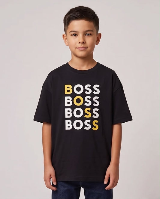 Camiseta Hugo Boss Logo Cuadruple Amarillo Blanco Negra Niño - Niños Oversize