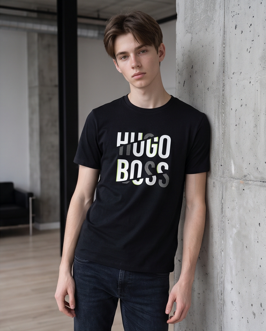 Camiseta Hugo Boss Logo Texturado Verde Lima Negra Hombre - Manga Corta Algodón