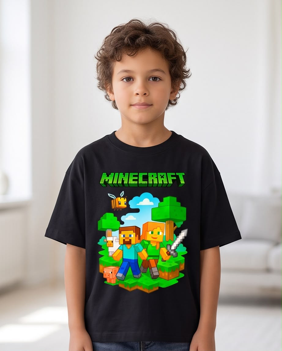 Camiseta Minecraft Steve Alex Aventura Verde Negra Niño - Niños Oversize