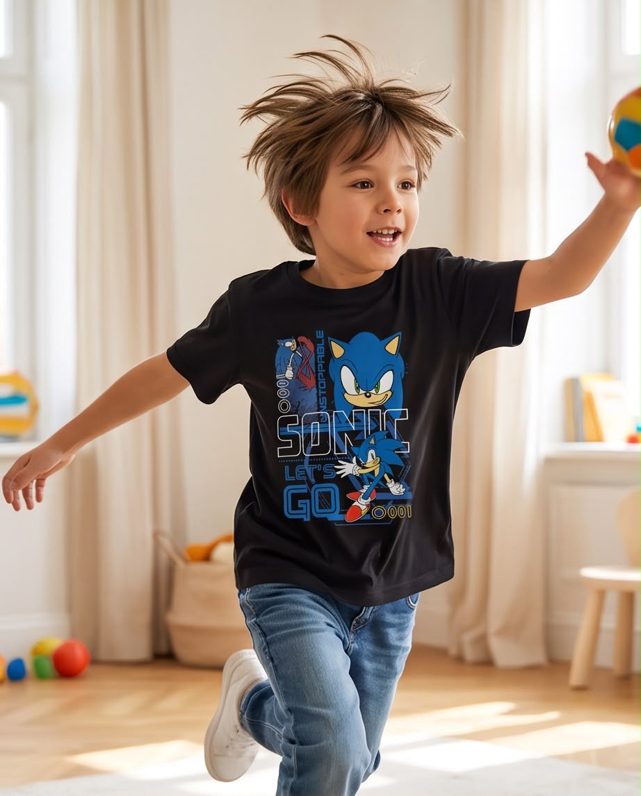 Camiseta Sonic Unstoppable Lets Go Negra - Niños Oversize