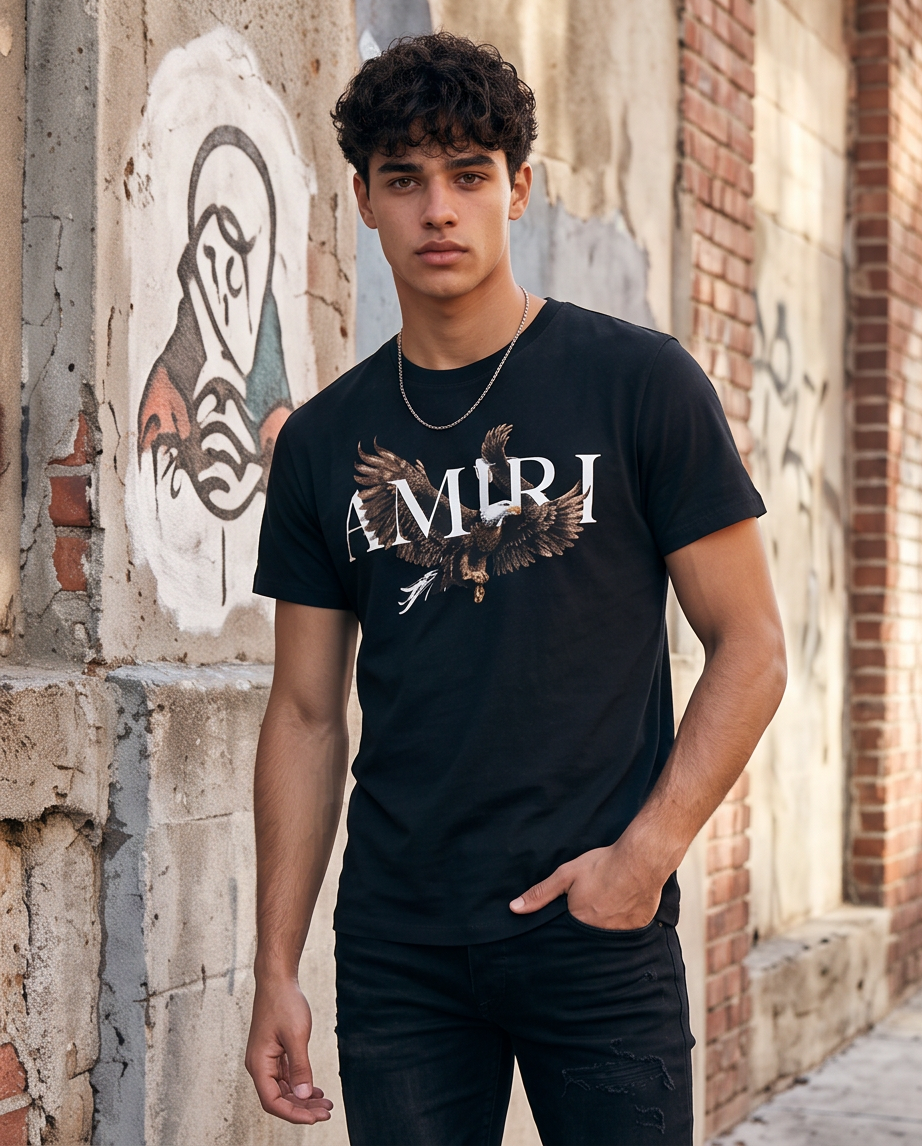Camiseta Amiri Logo Aguila Realista Negra Hombre - Manga Corta Algodón