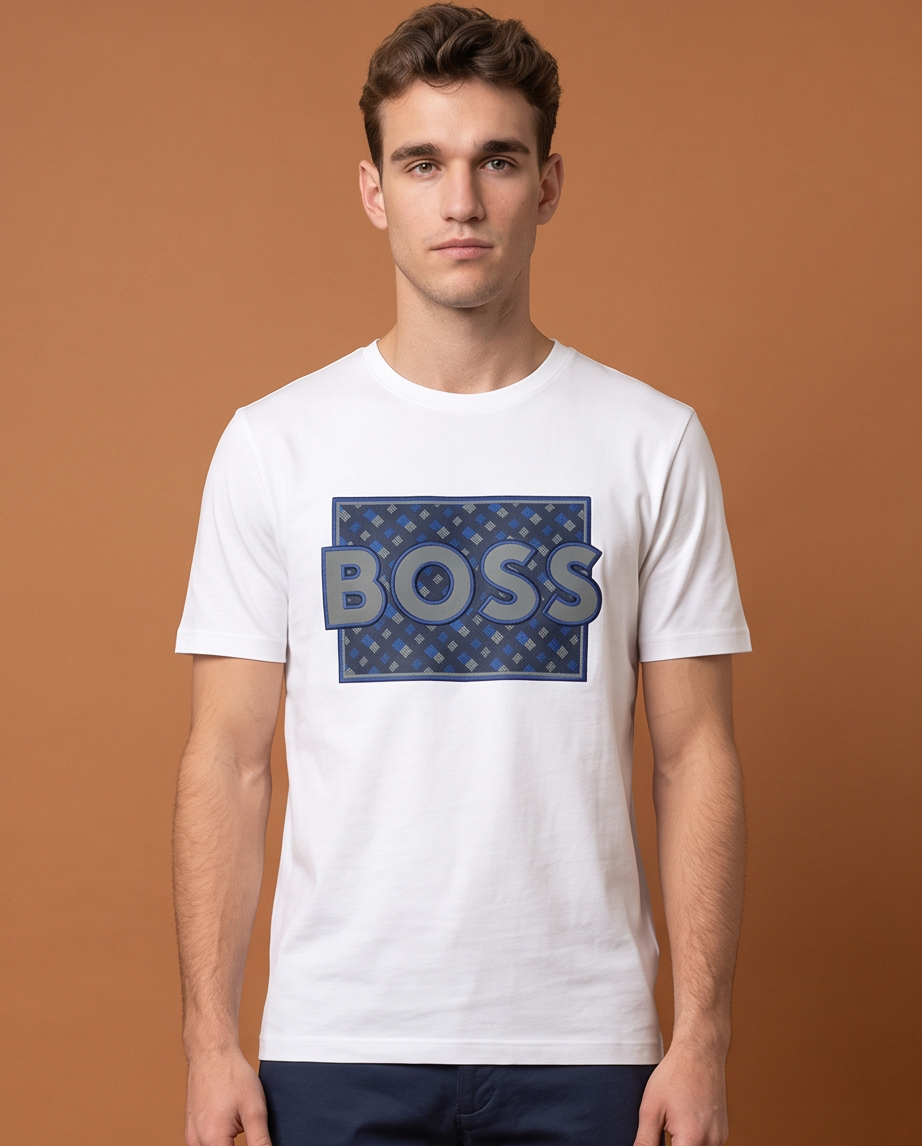 Camiseta Hugo Boss Logo Monograma Azul Blanca Hombre - Manga Corta Algodón