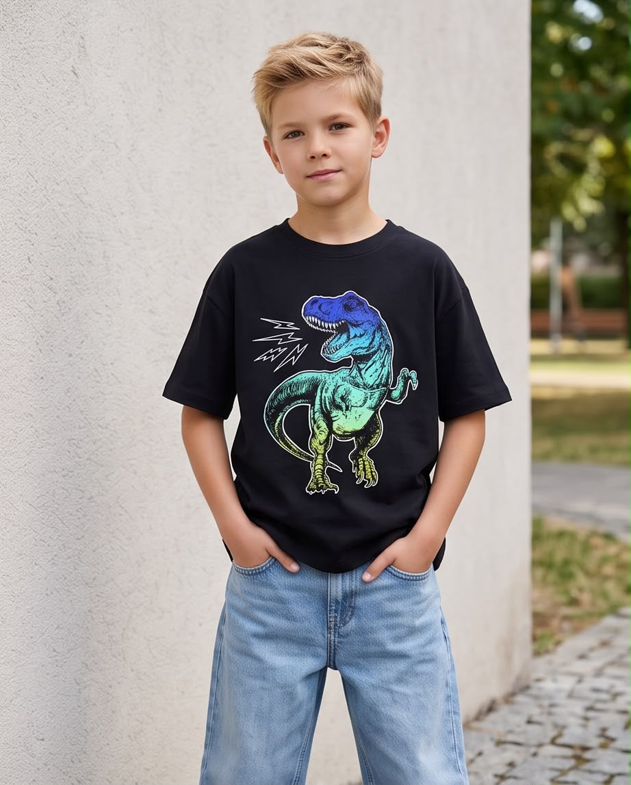 Camiseta Dinosaurio T-Rex Degradado Neon Negra Niño - Niños Oversize