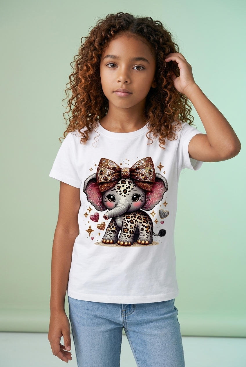 Camiseta Elefante Baby Leopardo Lazón Glitter Blanca Niña - Manga Corta Algodón Infantil