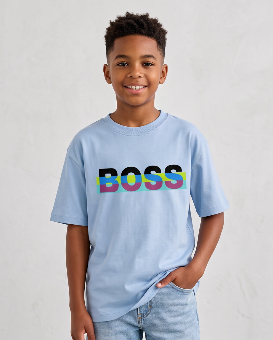 Camiseta Hugo Boss Neon Stripe Logo Azul Cielo - Niños Oversize