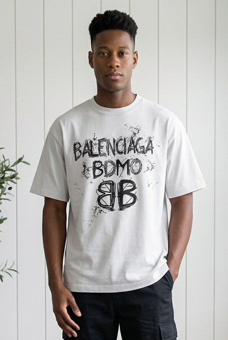 Camiseta Balenciaga Logo Grunge BB Blanca Oversize Hombre - Manga Corta Algodón