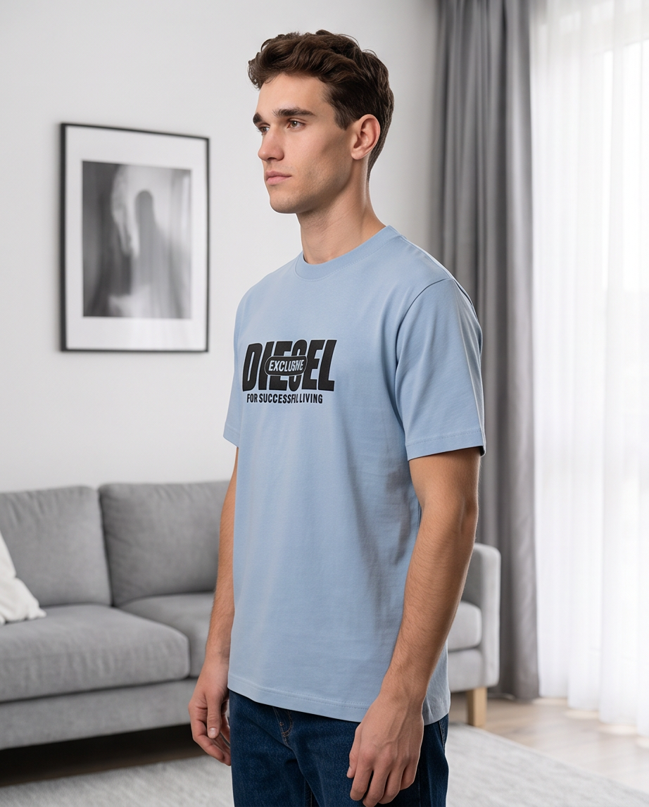Camiseta Azul Diesel Exclusive Logo Negro – Regular Fit Hombre