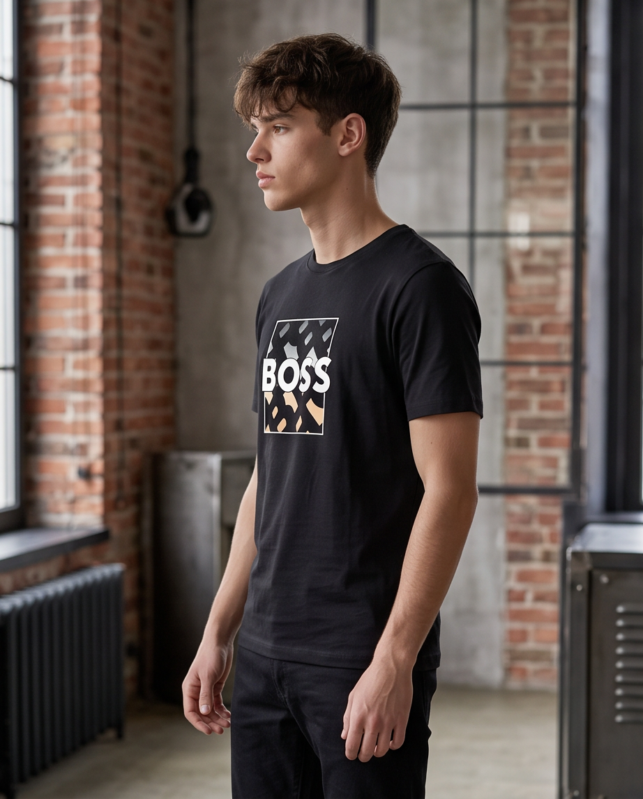 Camiseta Hugo Boss Logo Recuadro Geometrico Negra Hombre - Manga Corta Algodón