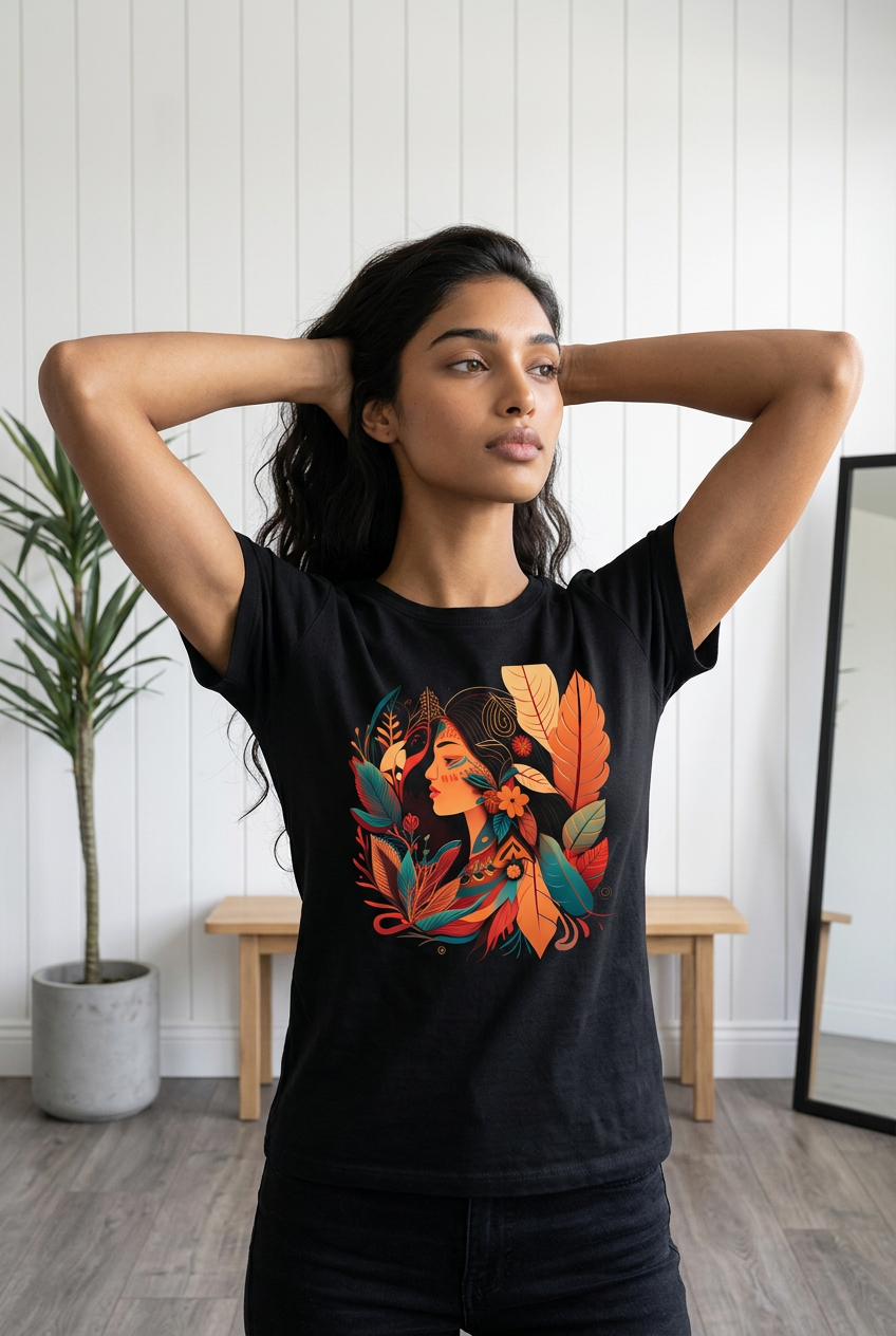 Camiseta Maya Mujer Naturaleza Hojas Terracota Negra Mujer - Manga Corta Tela Fría