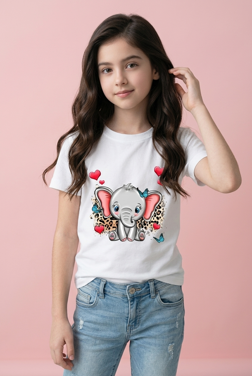 Camiseta Elefante Baby Corazones Mariposas Blanca Niña - Manga Corta Algodón Infantil
