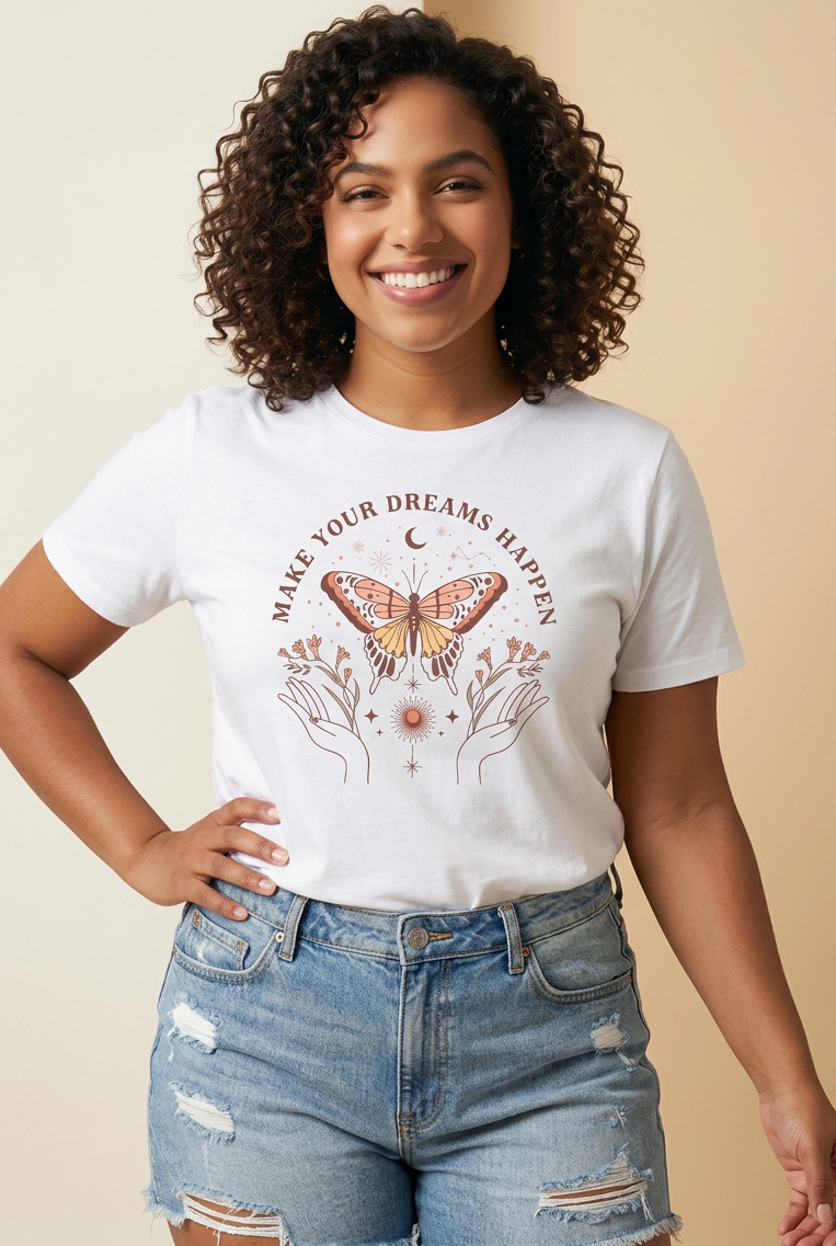 Camiseta Make Your Dreams Happen Mariposa Boho Blanca Mujer - Manga Corta Tela Fría