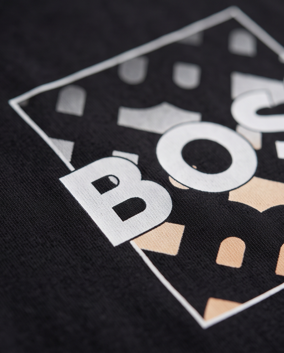 Camiseta Hugo Boss Logo Recuadro Geometrico Negra Hombre - Manga Corta Algodón